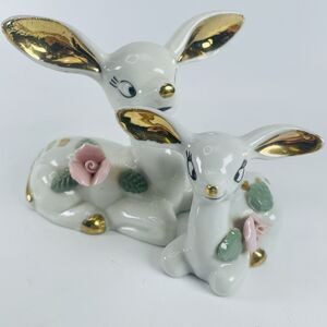 VTG Big Gold Ears White Porcelain Deer Figurines Mother Fawn Rose Chase Japan